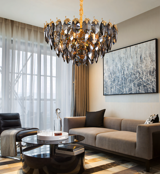 Enchanting gold maple leaf chandelier in a forest-inspired setting
