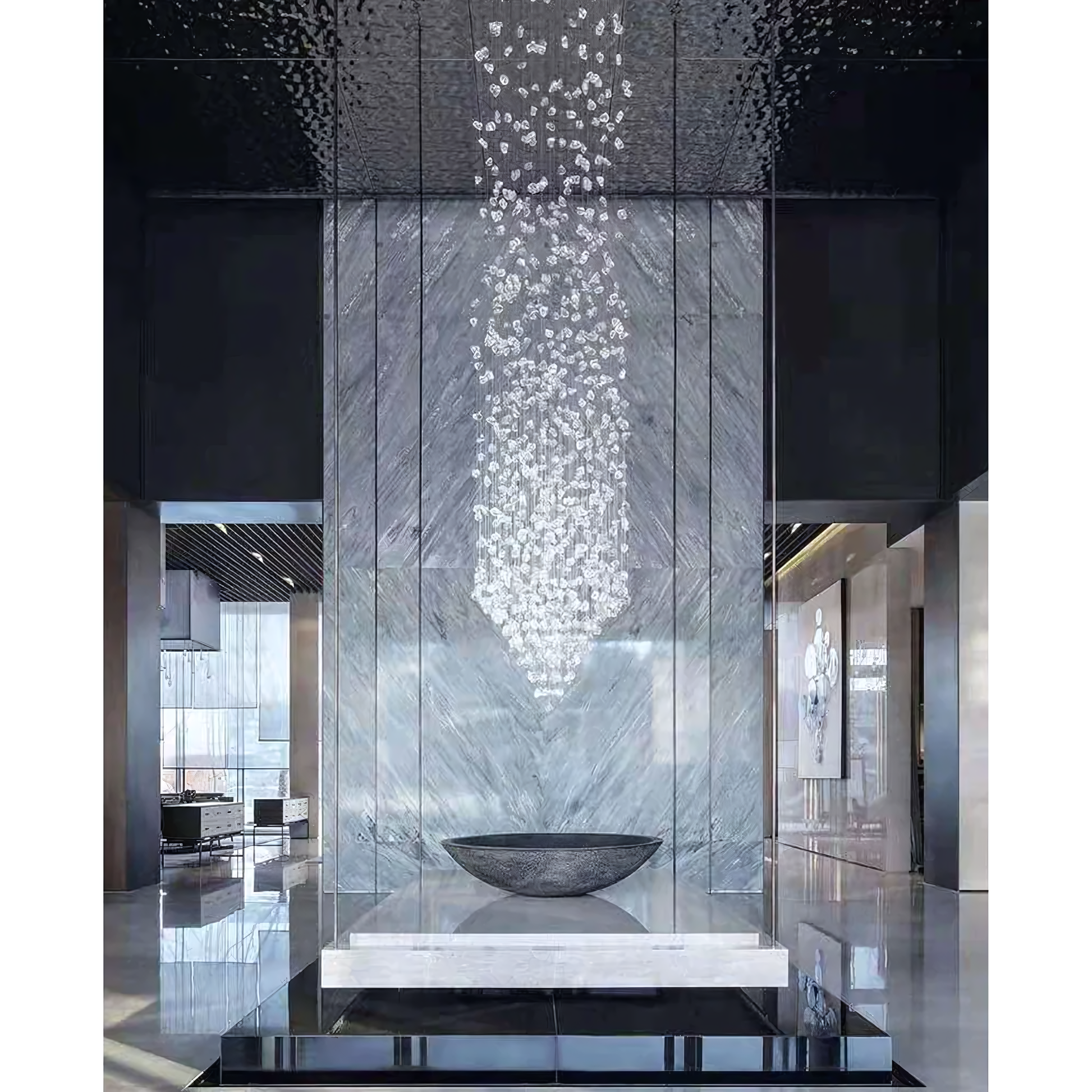 Cascading crystal and golden chandelier, a modern work of art