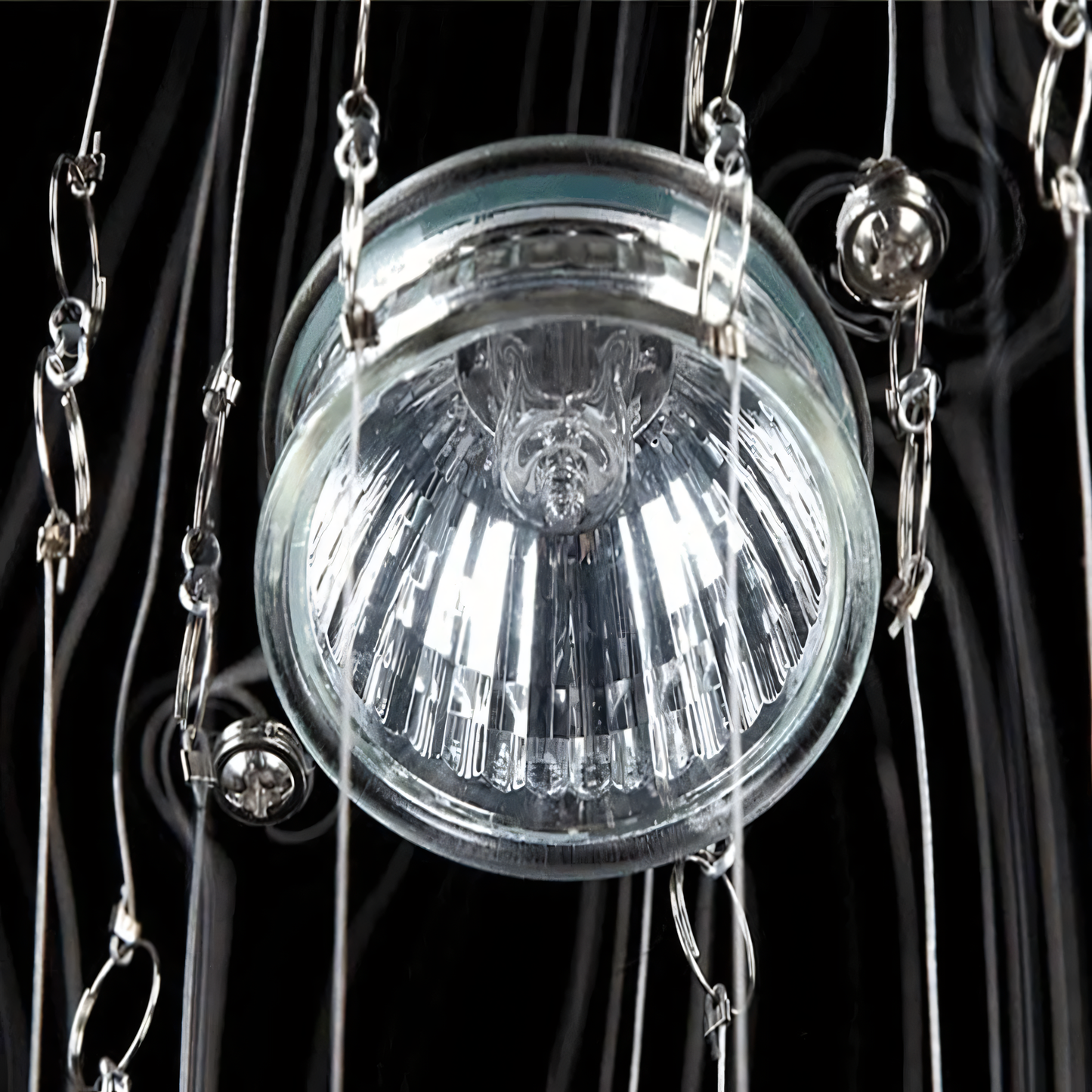 Dazzling array of crystal panels in flush mount ceiling fixture