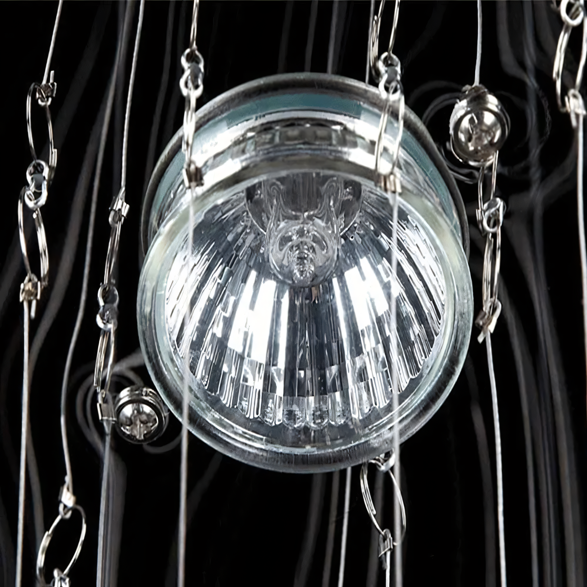 Dazzling array of crystal panels in flush mount ceiling fixture