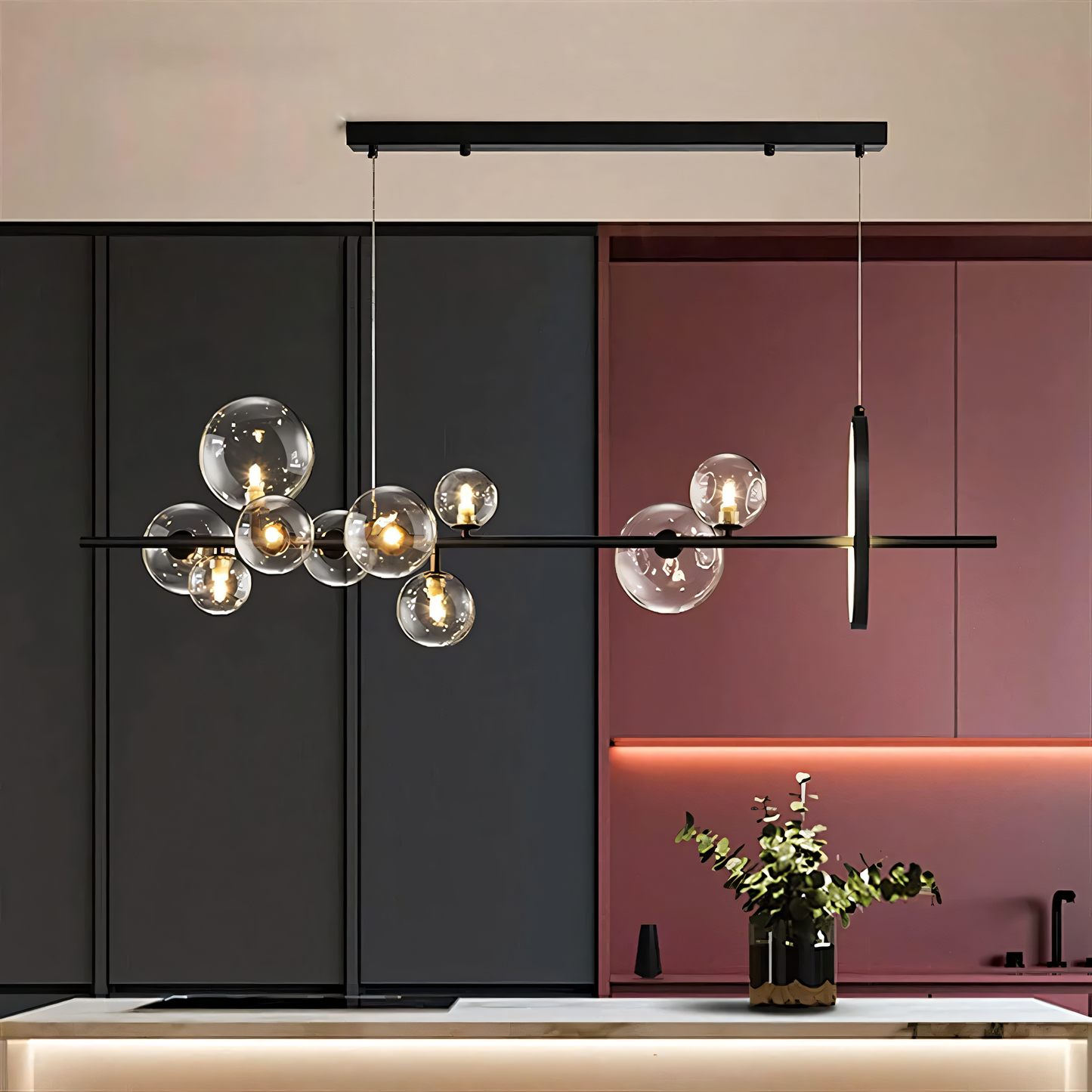 Unique, bubble-like glass panels of the contemporary chandelier