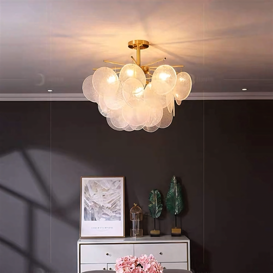 600MM Gold Crystal Frost Chandelier Ceiling Lights Hanging in a cozy, cabin-style living room