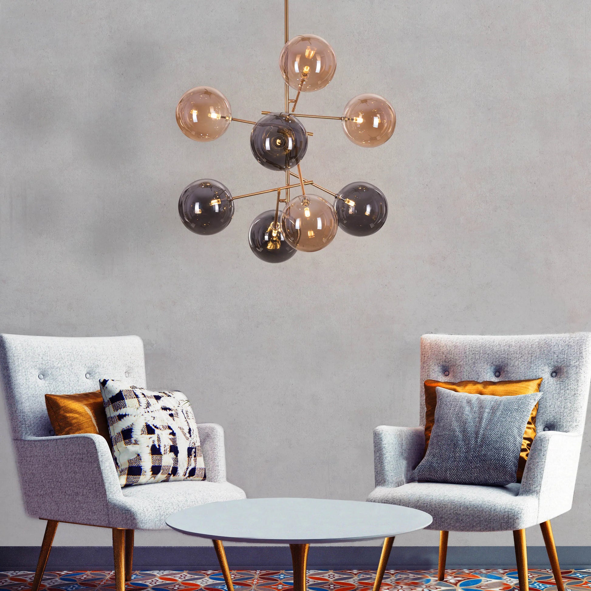 Pied Piper Posh Chandelier in amber and smokey grey finish