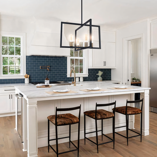 A rectangular bronze hanging light with clear glass globes hangs from a vintage living room ceiling. The light casts a warm, inviting glow on the space.