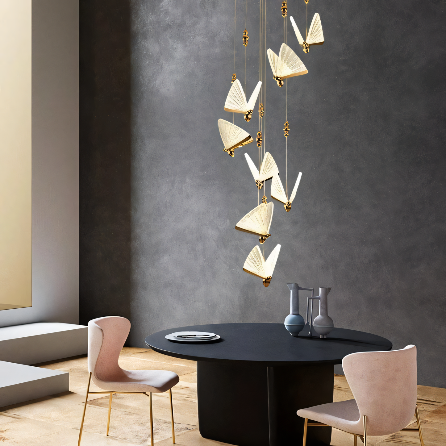 Delicate and graceful hanging light fixture with a butterfly design