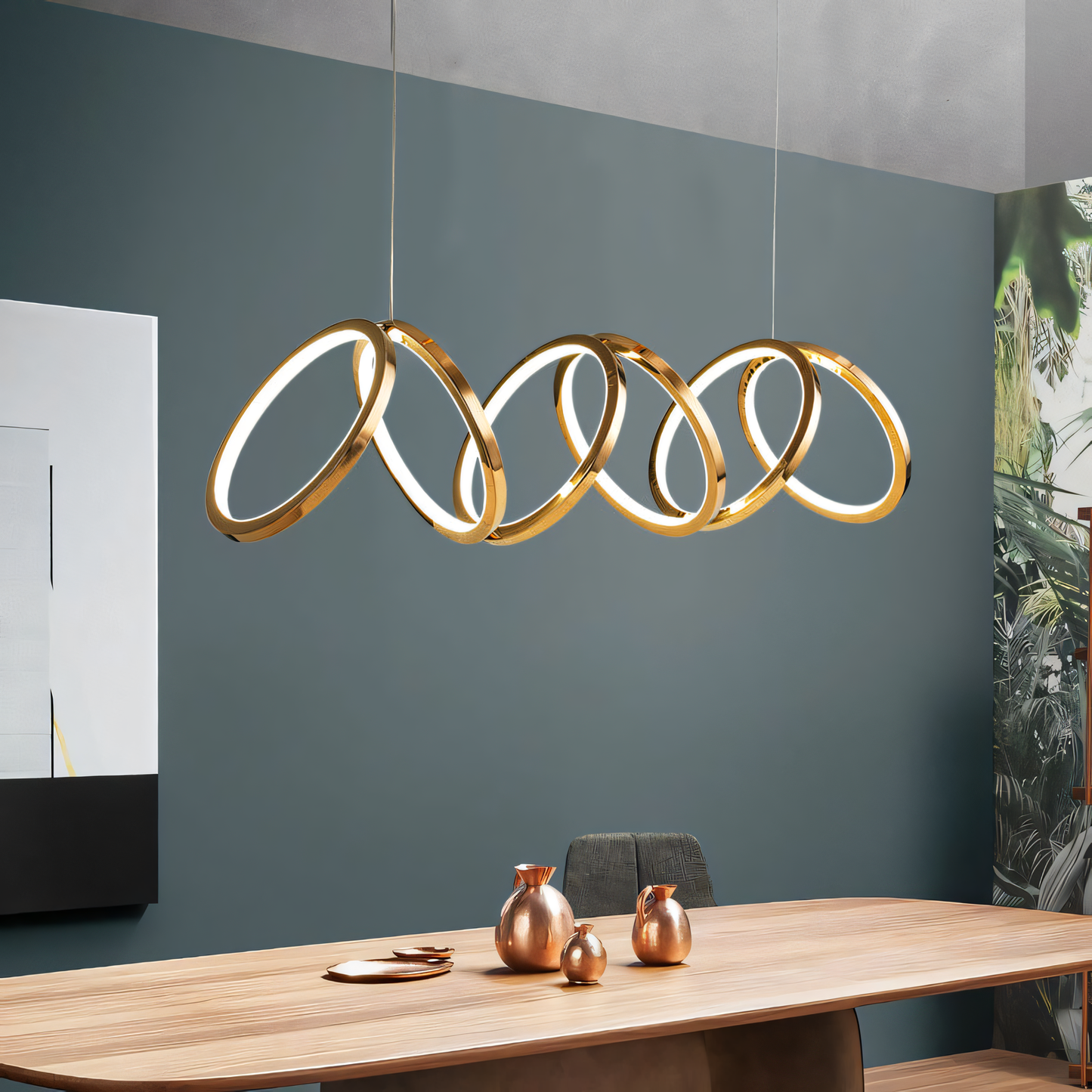Modern meets warmth! This 6-Ring Rose Gold Metal LED Chandelier features a unique cascading design, perfect for adding a touch of modern elegance to any space.
