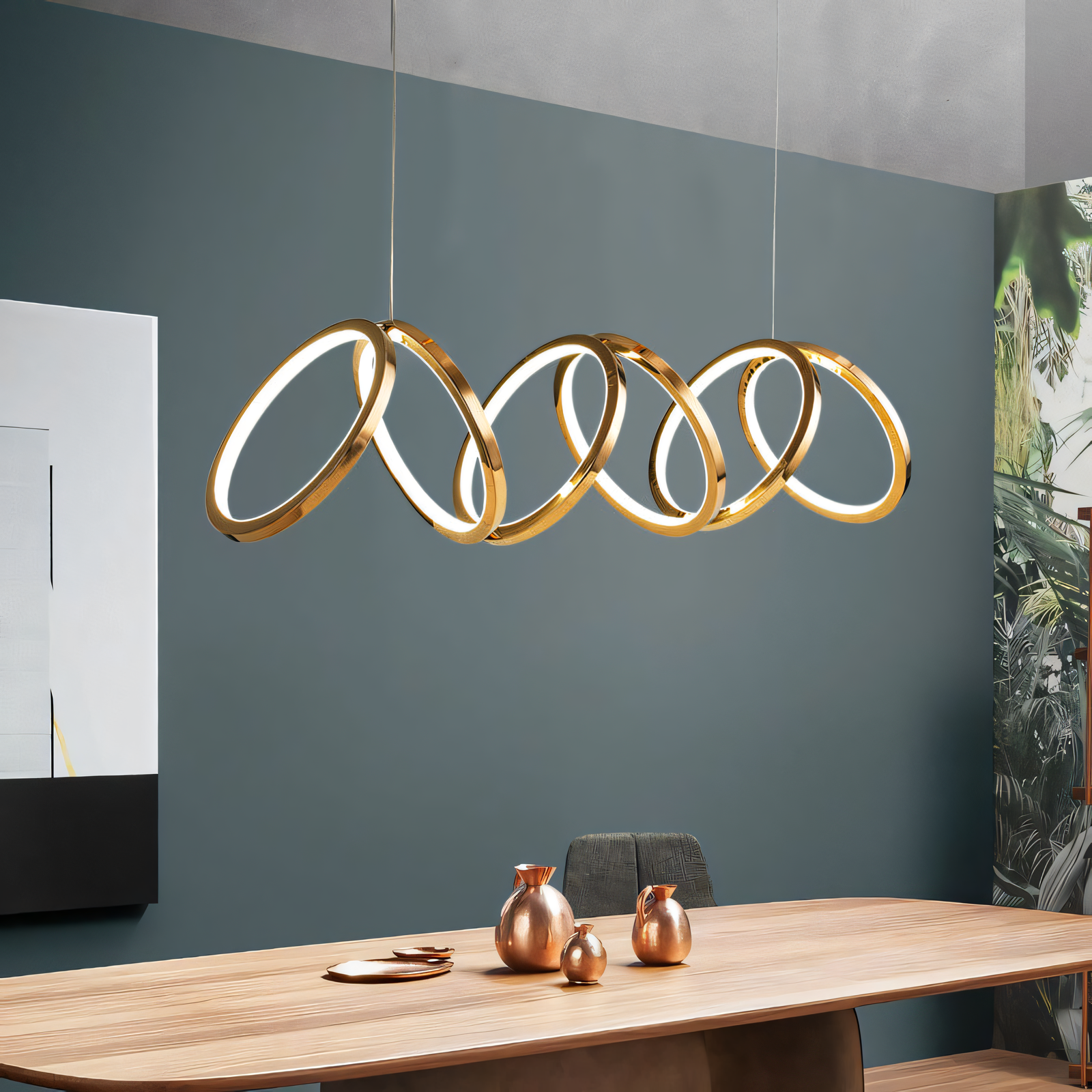 Modern meets warmth! This 6-Ring Rose Gold Metal LED Chandelier features a unique cascading design, perfect for adding a touch of modern elegance to any space.