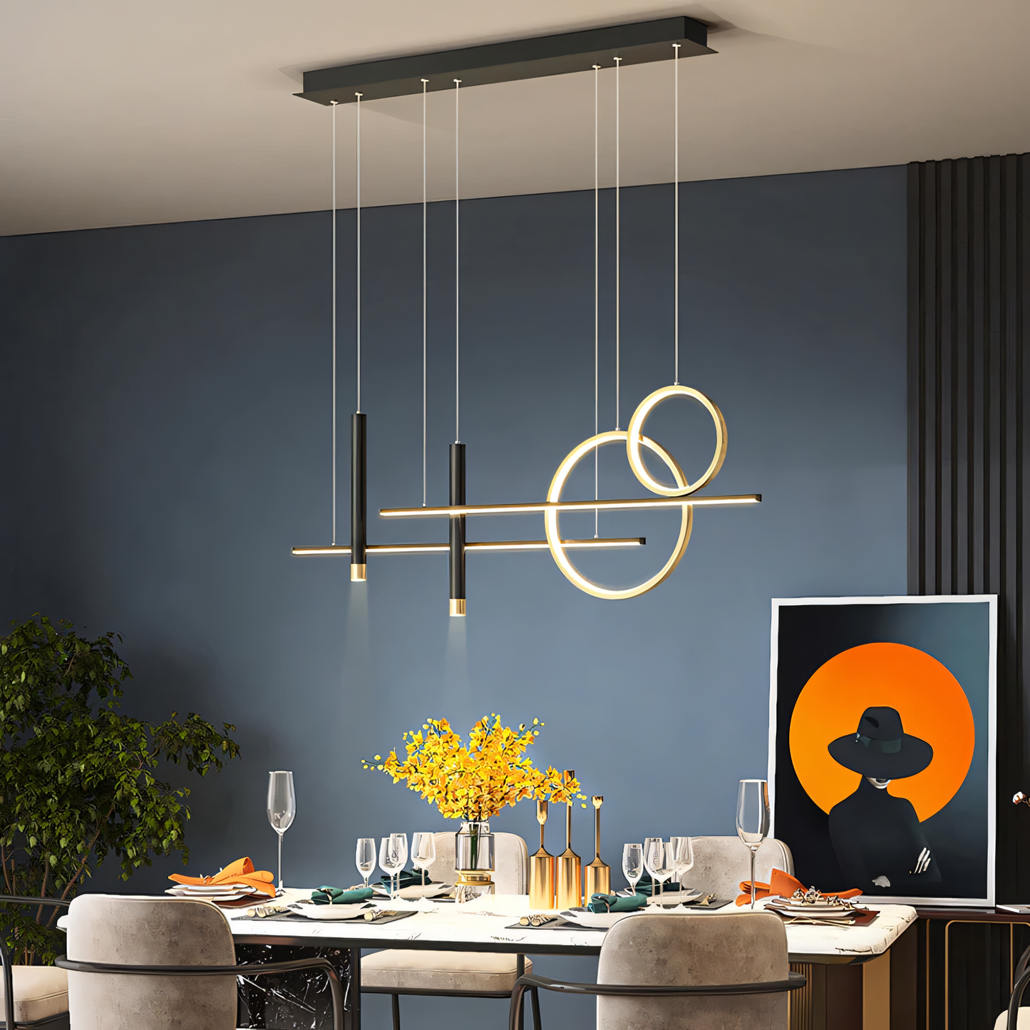Black metal frame with gold accents, this LED chandelier offers a modern take on traditional lighting.