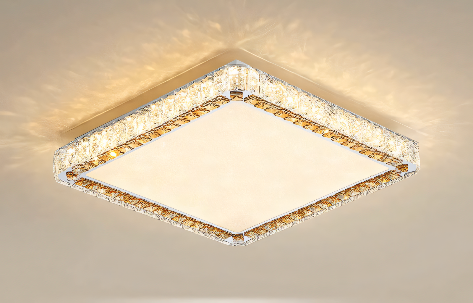 Upgrade your home décor with a touch of timeless elegance. This gold crystal LED chandelier boasts a modern square design and dazzling sparkle.