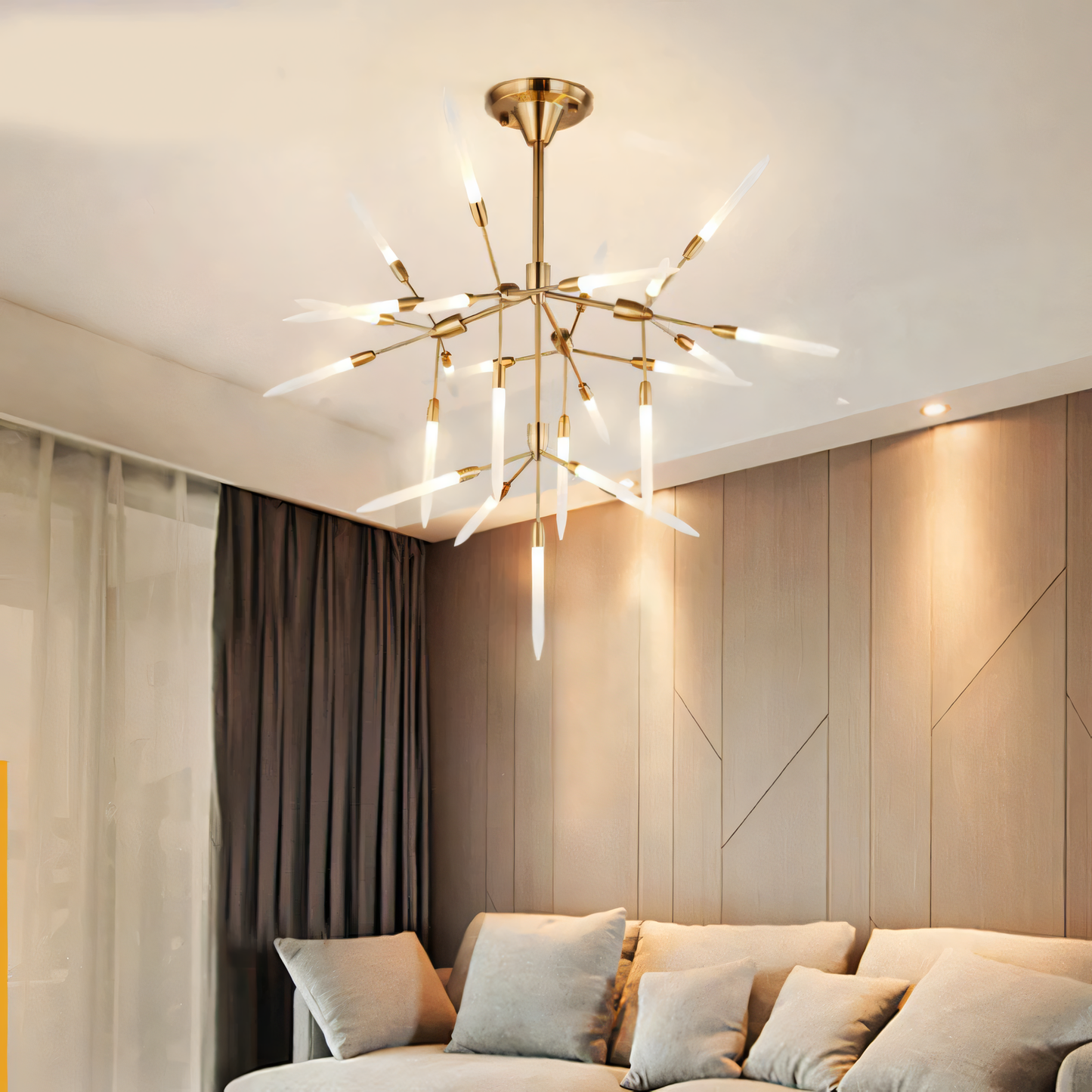 Warm LED lighting from contemporary spike chandelier
