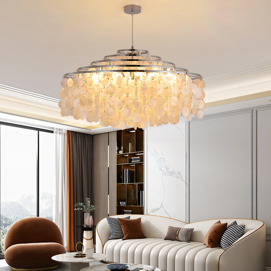 Stunning crystal and acrylic modern LED chandelier in a magical island setting