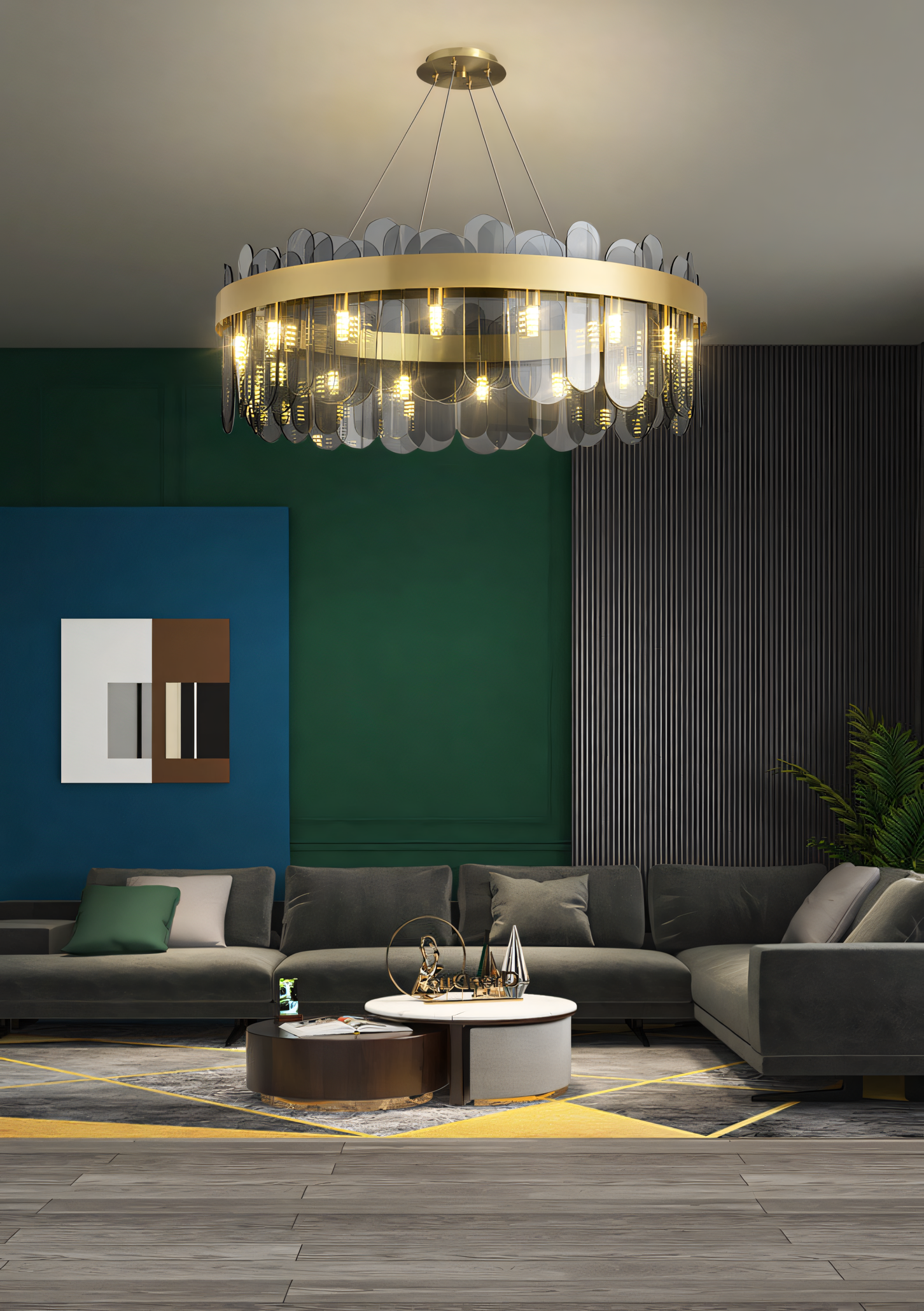 Break away from the ordinary with the 600mm Gold Brass Chandelier with Smokey Glass. The warm glow and smokey glass panels create a captivating display of light and shadow.