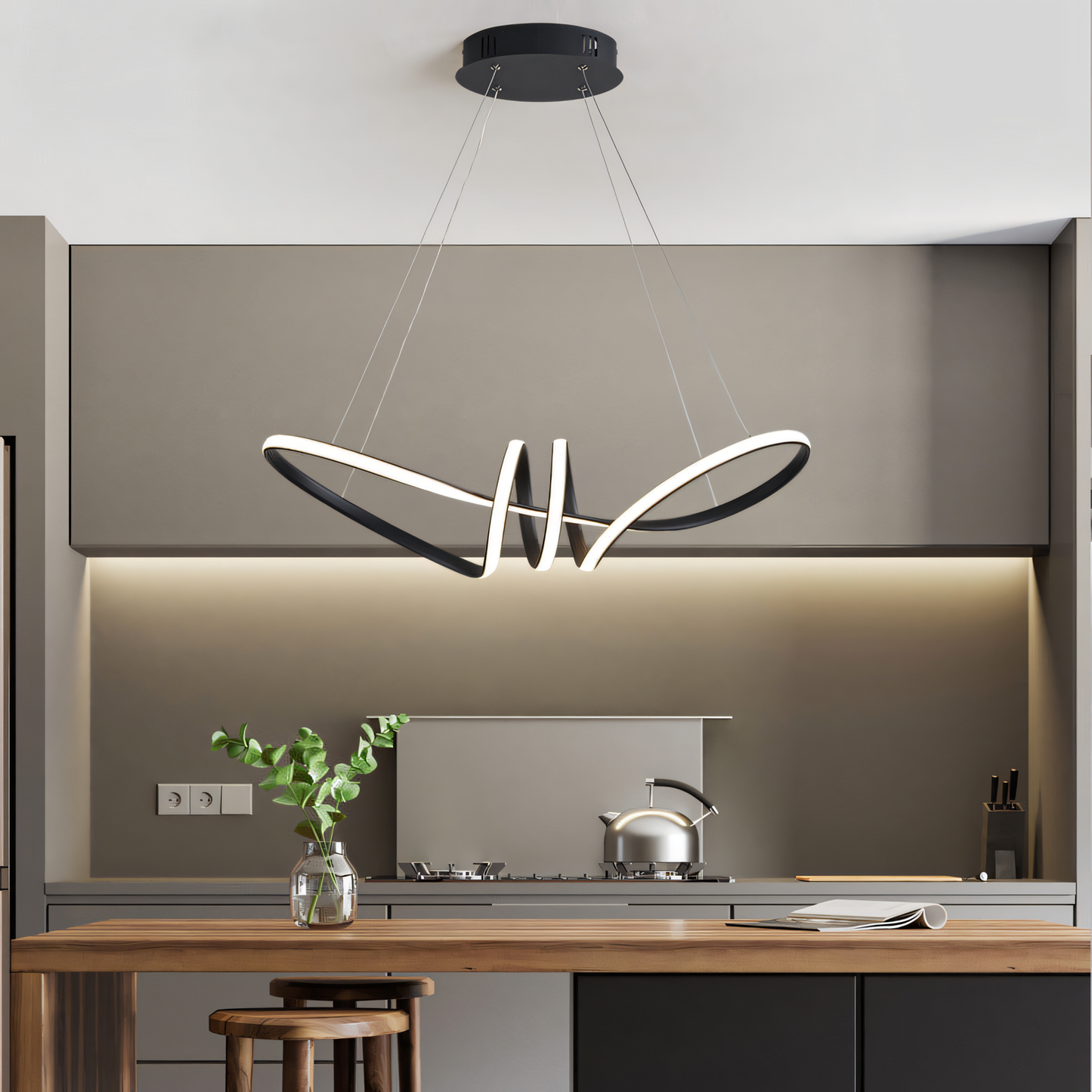 Visually striking 700mm black metal LED lighting fixture with a minimalist, floating design serving as the centerpiece of a dining roo