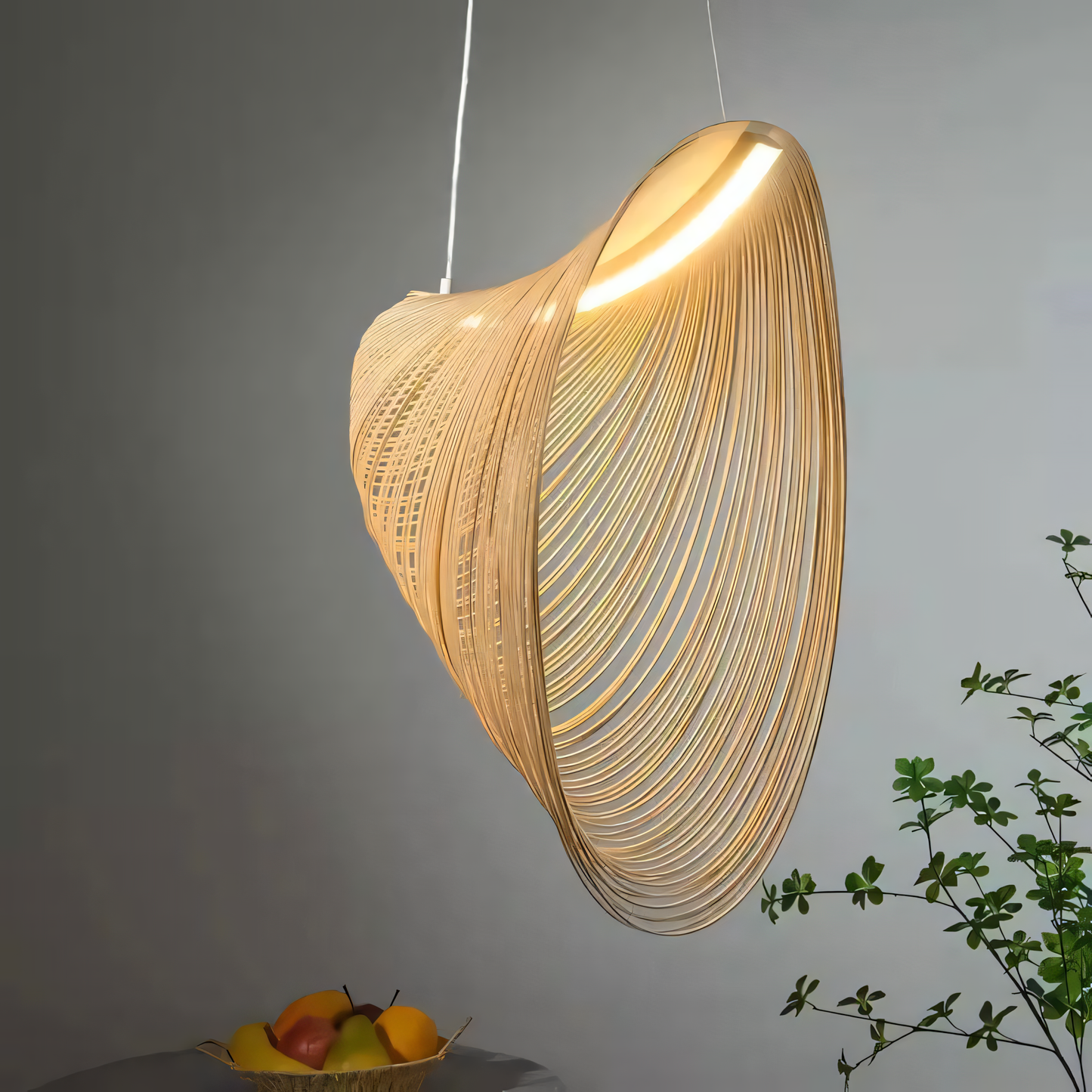 Rattan hanging light fixture in a modern living room.