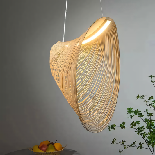 Rattan hanging light fixture in a modern living room.