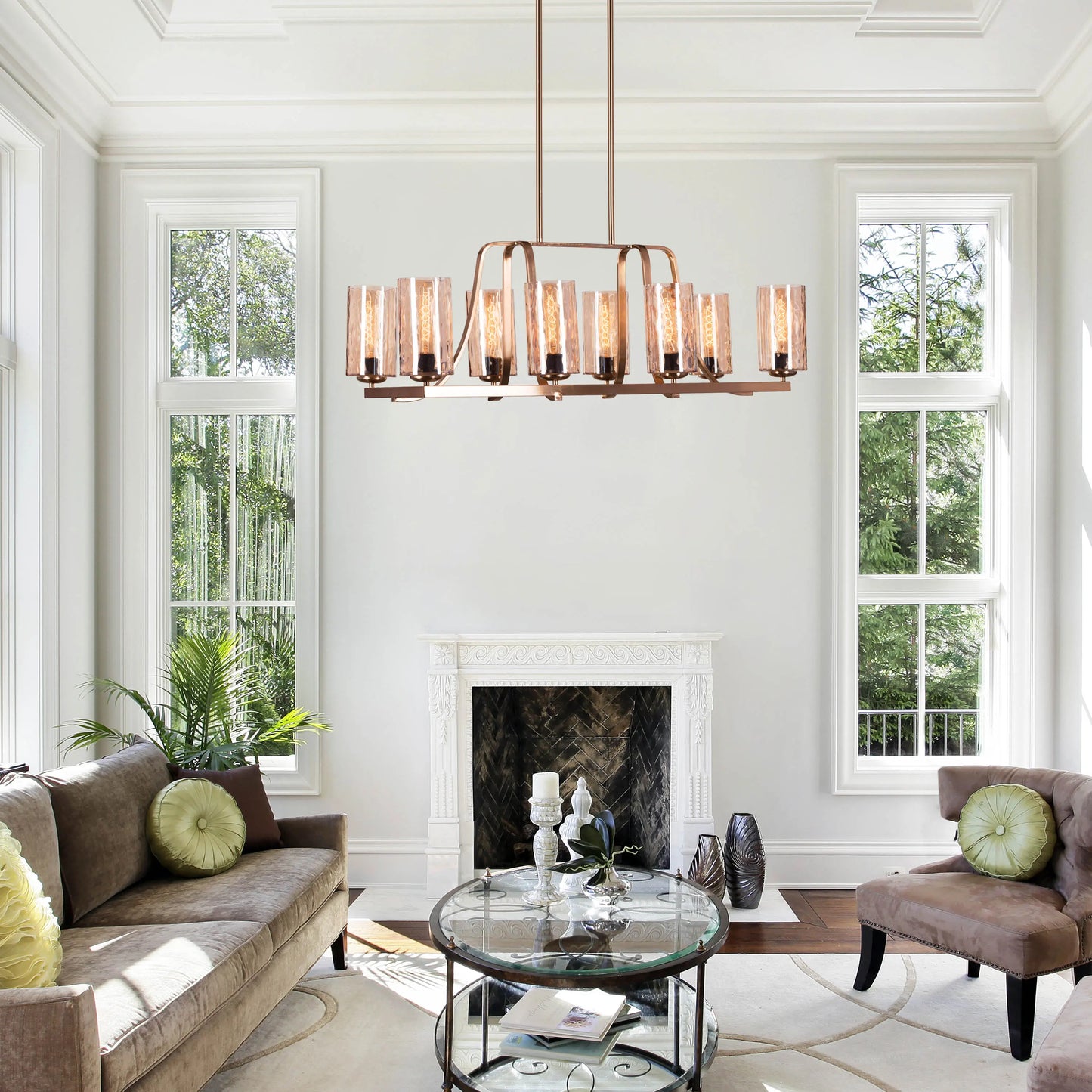 Midsummers Night Glass Chandelier illuminating a luxurious living room.