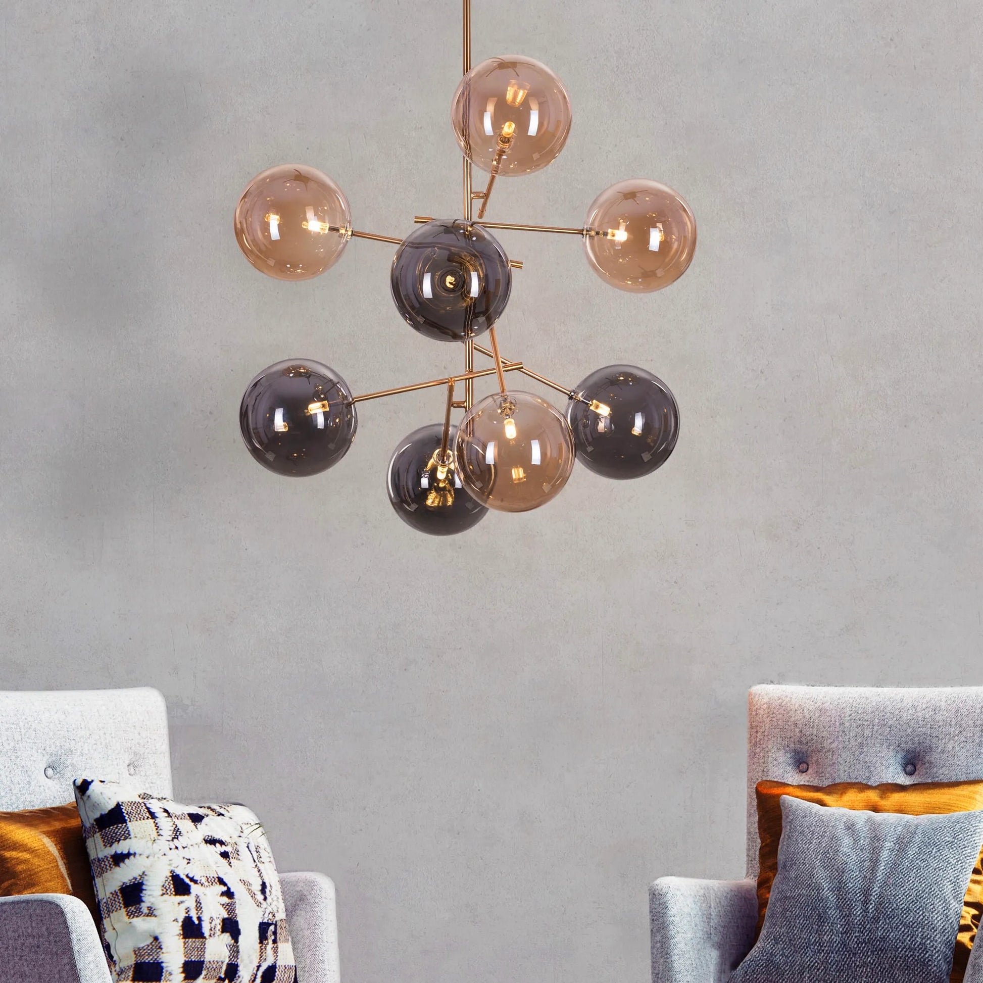 Pied Piper Posh Chandelier in amber and smokey grey finish