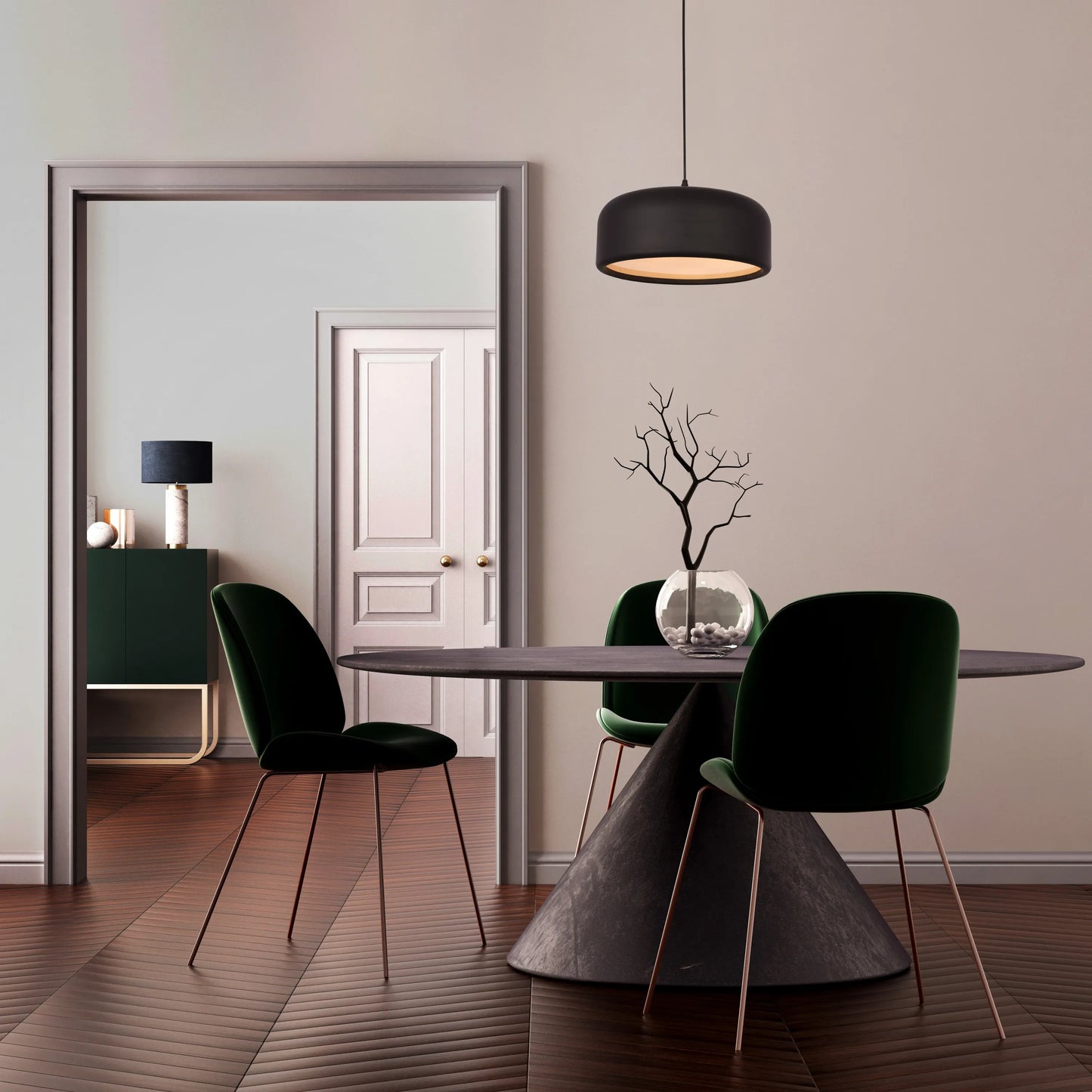 An artistic pendant light with a sleek, abstract design. It features a brushed brass metal frame, suspended by thin cables, with soft, warm light emitted through frosted glass diffusers. The light creates a modern, elegant ambiance, perfect for contemporary interiors.