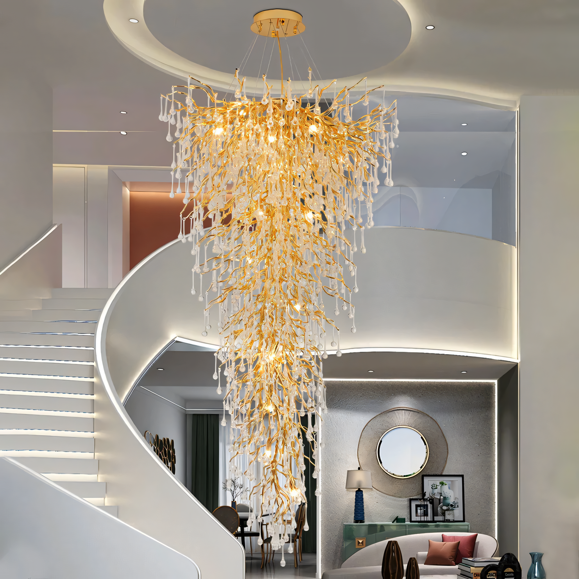 Intricate crystal panel arrangement in large-scale chandelier