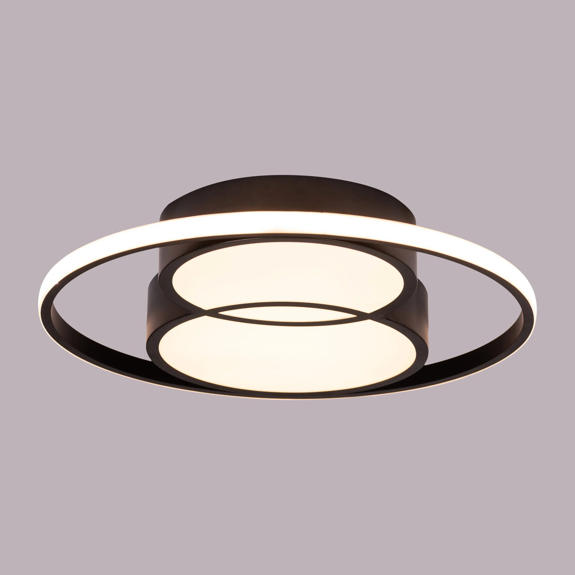 Remote-controlled black LED ceiling light.