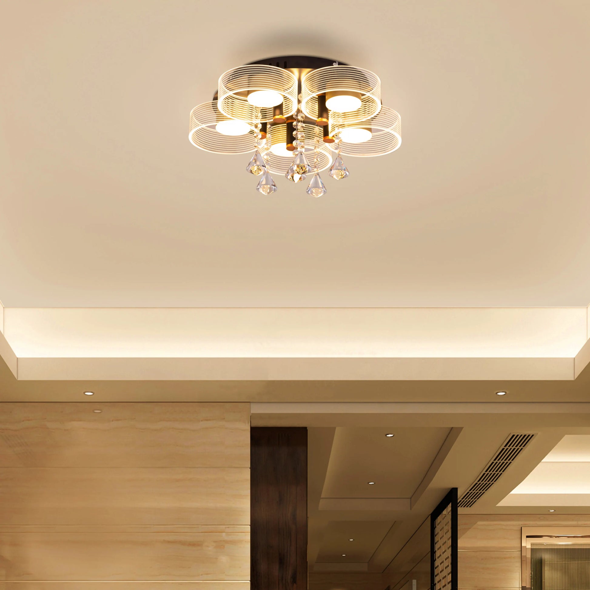 Luxurious crystal ceiling light with dimmable LED technology.