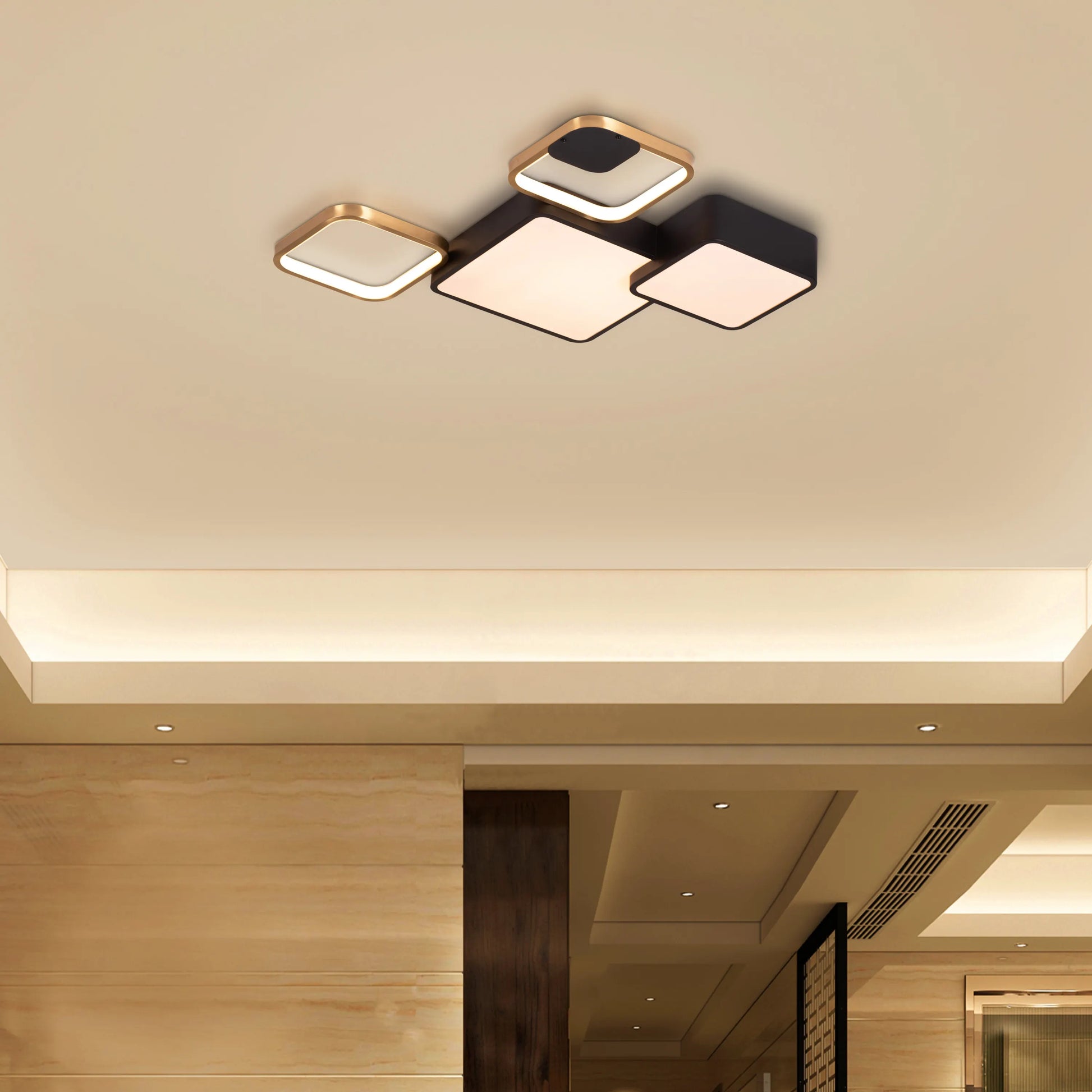 Modern black LED ceiling light with remote control.