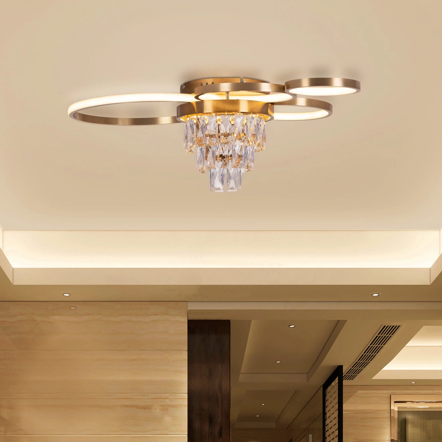 Gold and crystal ceiling light with dimmable LED technology.