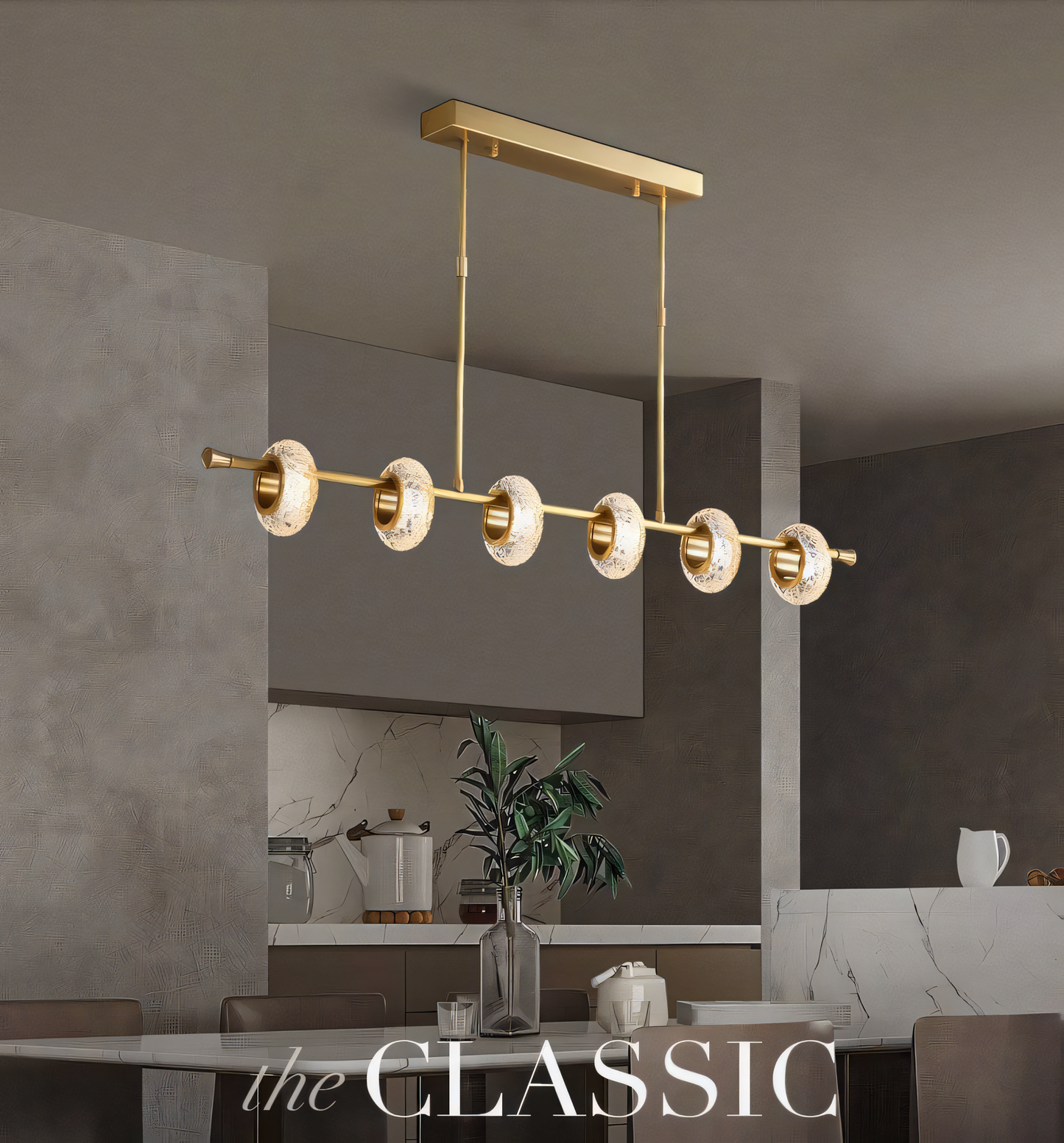 Modern take on a classic chandelier, featuring a gold metal frame and delicate crystals.