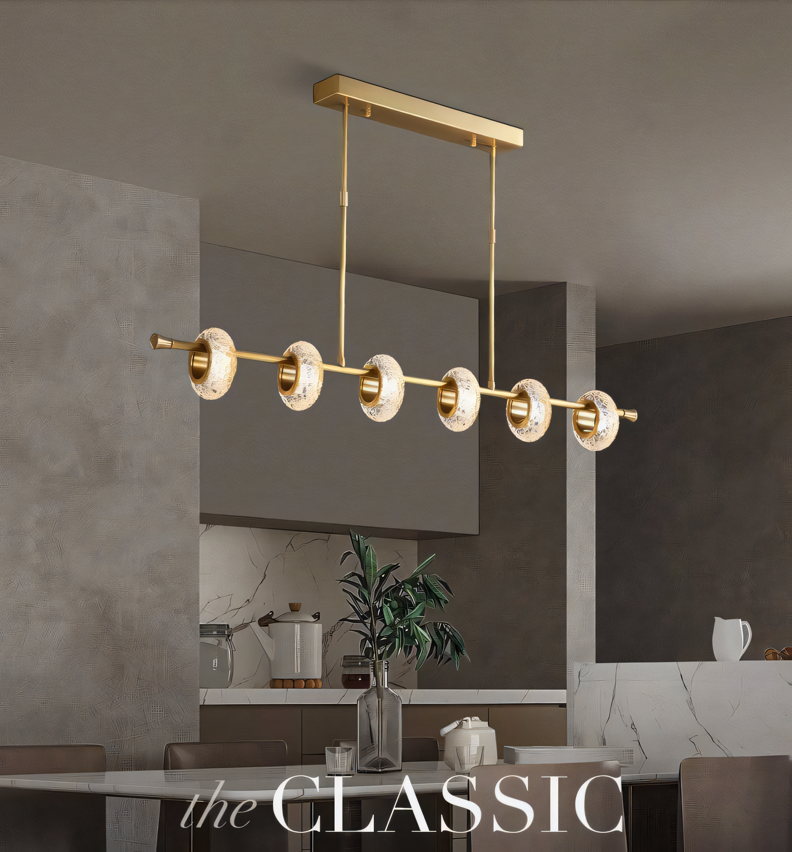Modern take on a classic chandelier, featuring a gold metal frame and delicate crystals.