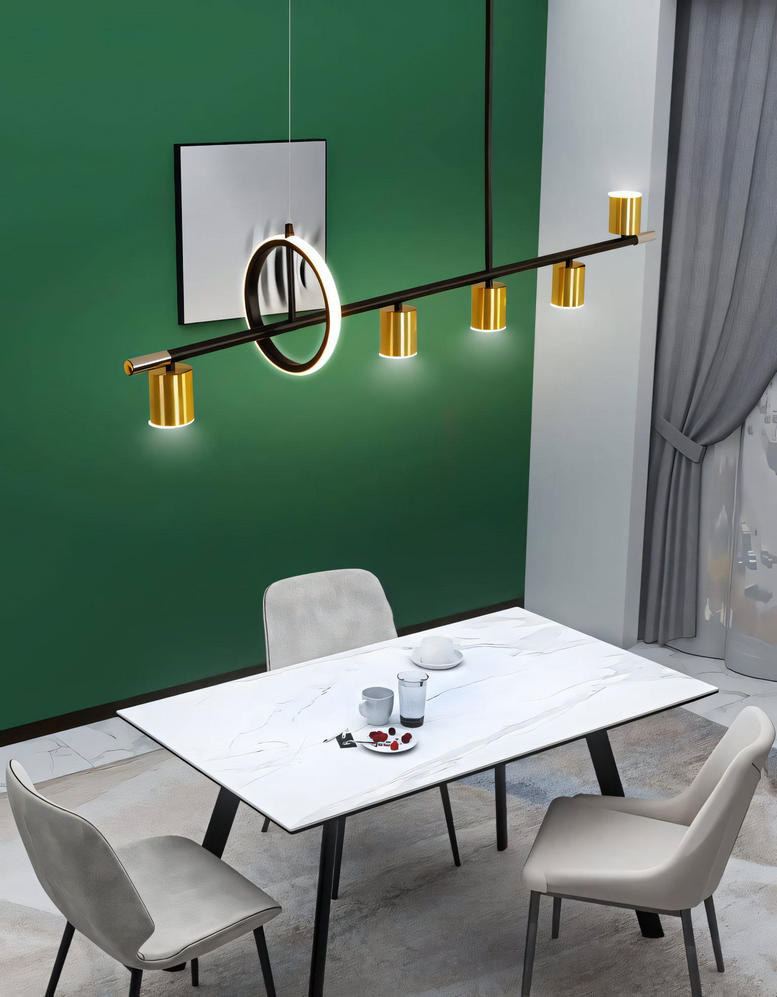 Transform your space with the sophisticated 6-Light Black and Gold Linear LED Chandelier. Adjustable spotlights with warm LED bulbs create a modern and inviting ambiance.