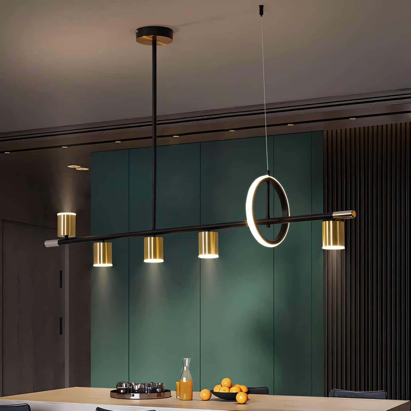 Modern meets function! This 6-Light Black and Gold LED Chandelier features a sleek linear design with adjustable spotlights for a touch of modern elegance.
