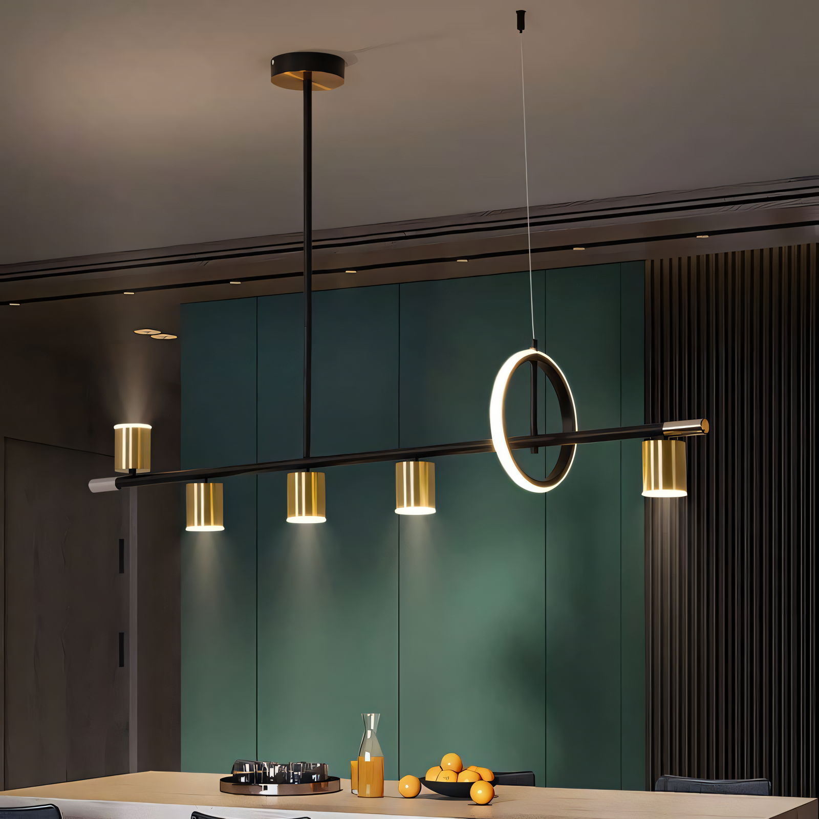 Modern meets function! This 6-Light Black and Gold LED Chandelier features a sleek linear design with adjustable spotlights for a touch of modern elegance.