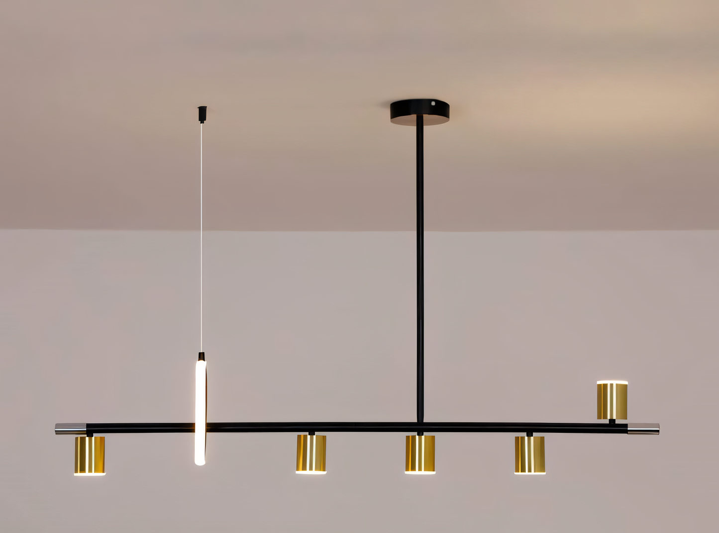 Break away from the ordinary with the 6-Light Black and Gold Linear LED Chandelier. The bold black frame and gold accents create a captivating statement piece.