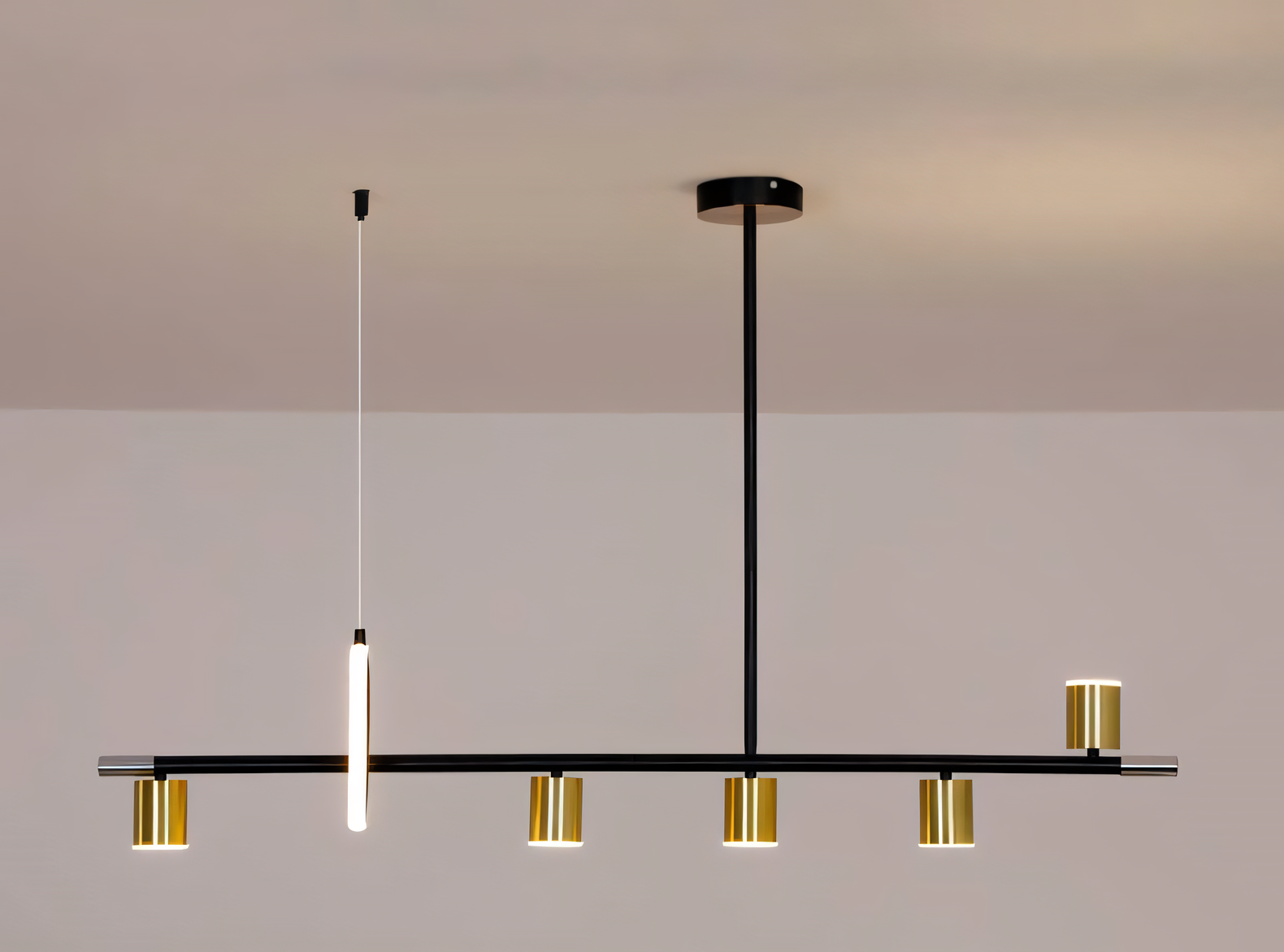 Break away from the ordinary with the 6-Light Black and Gold Linear LED Chandelier. The bold black frame and gold accents create a captivating statement piece.