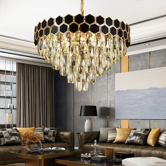 Exquisite black and gold hexagonal crystal pendant chandelier in a castle setting