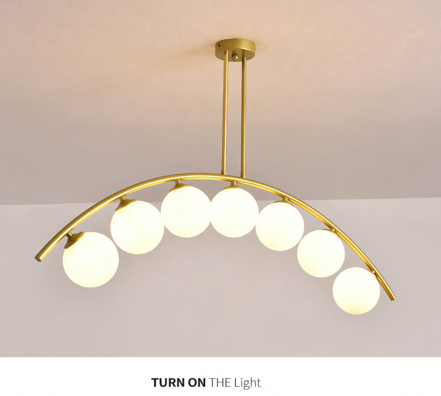 Modern LED chandelier featuring a gold aluminum frame, curved arms, and frosted glass globes for a warm, inviting glow.