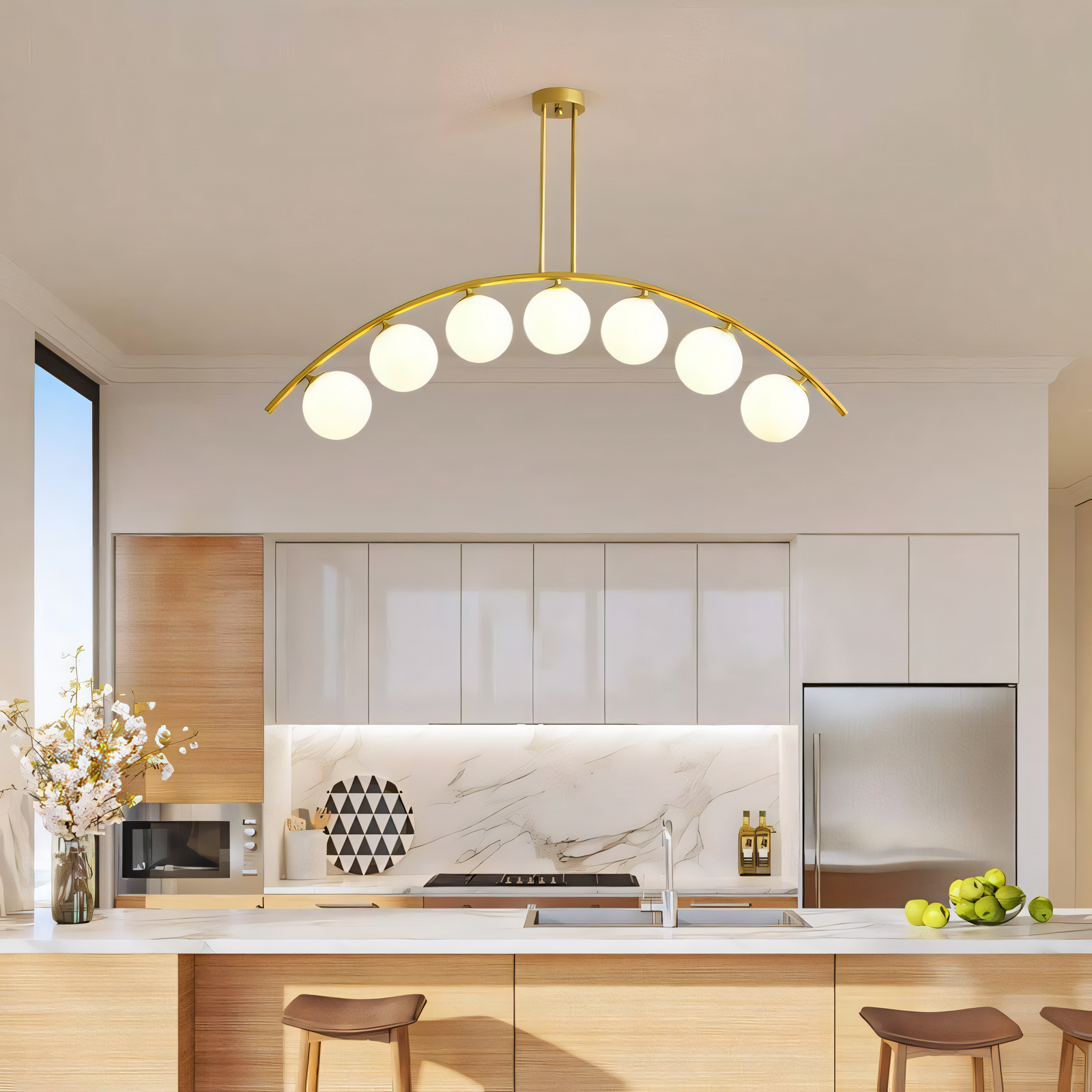 This hanging light features a mid-century modern design: a gold aluminum body with curved arms holding 7 frosted glass globes (LED).