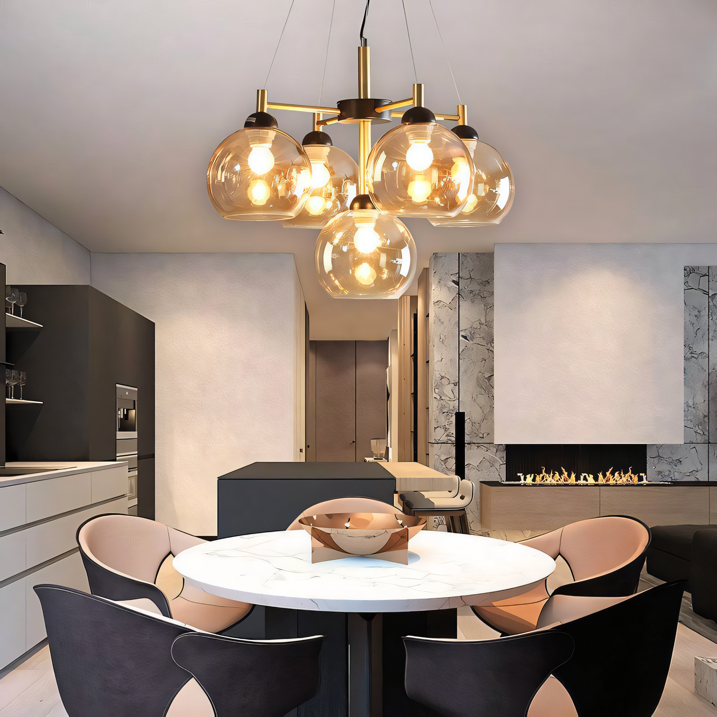 Illuminate your home with this stunning jhoomar: a 7-light chandelier in gold and black with warm amber glass.