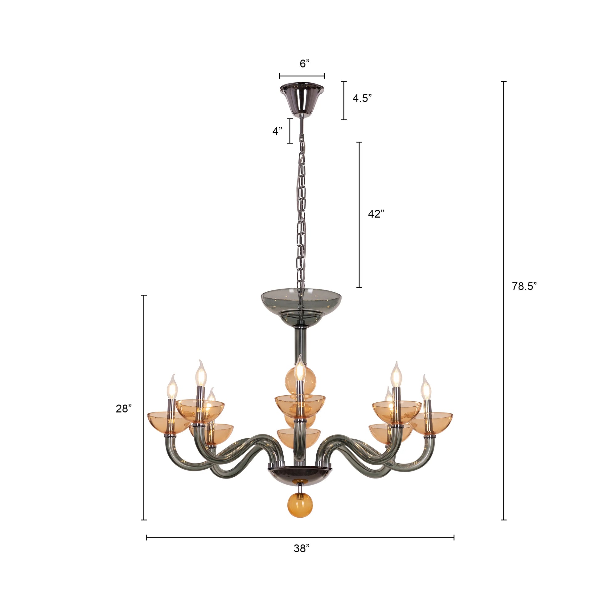 Large "Steps Of Rome" chandelier with tiered green and amber glass elements, dramatically illuminated in a spacious, elegant room.