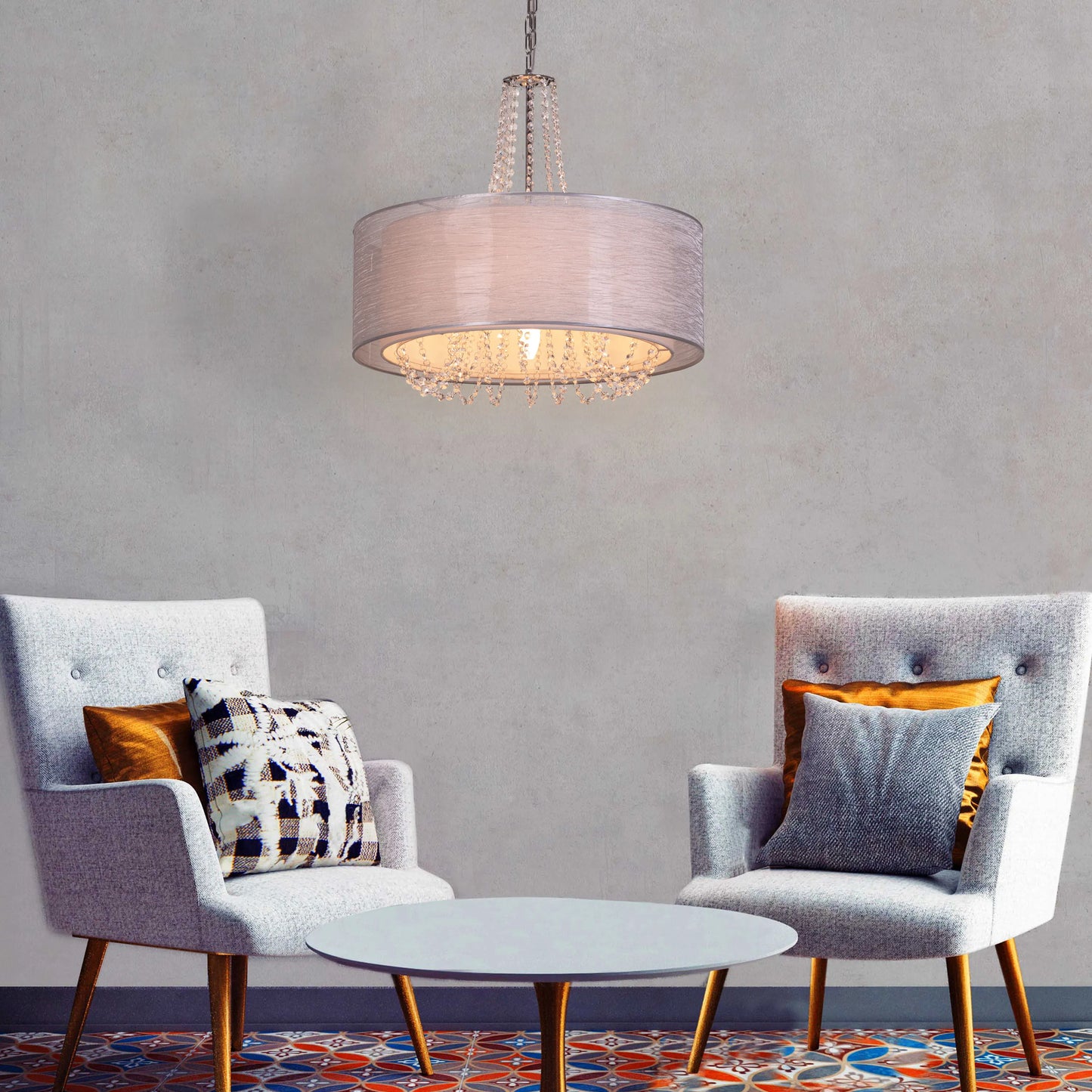 Gorgeous Girl crystal chandelier illuminating a lavish dining room.