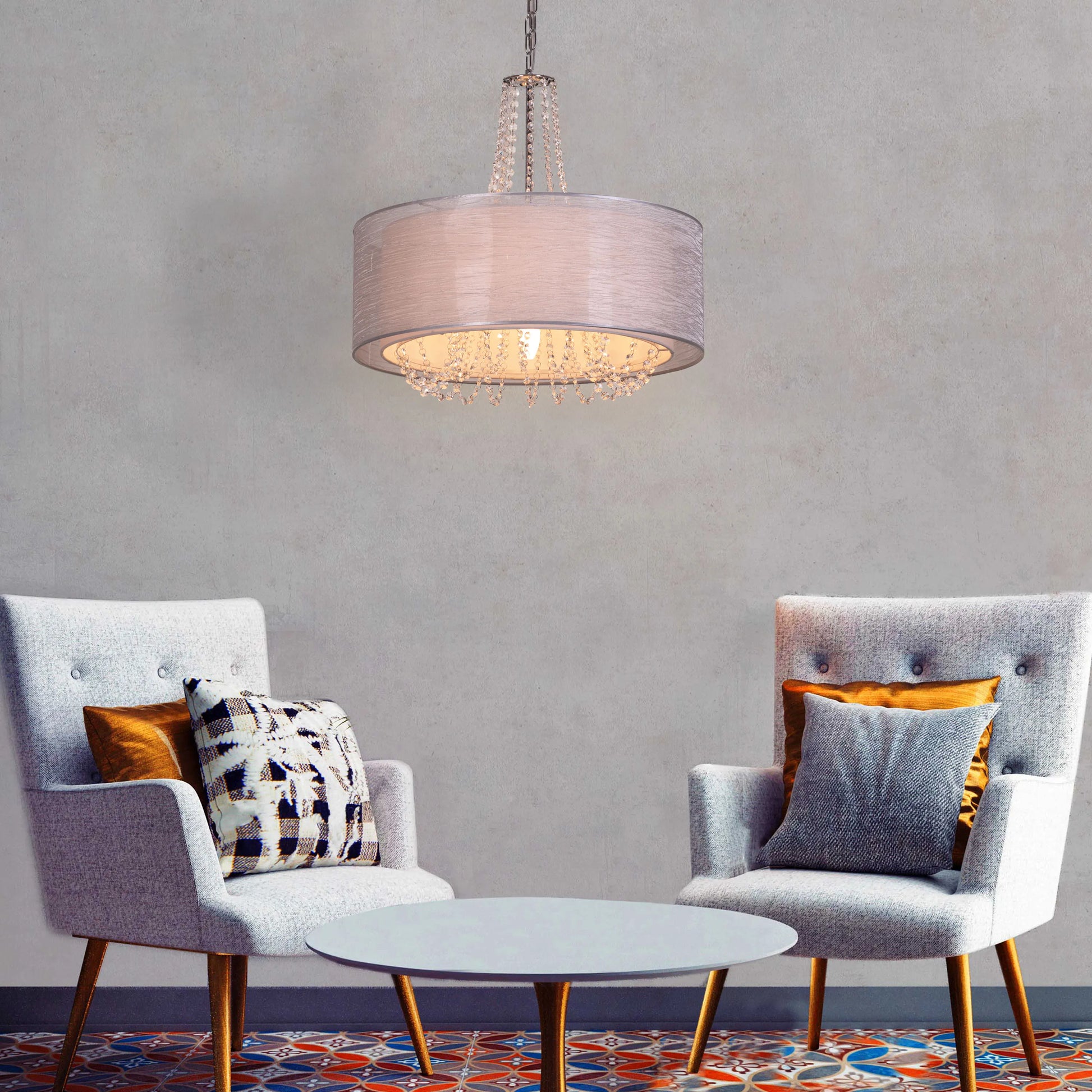Gorgeous Girl crystal chandelier illuminating a lavish dining room.