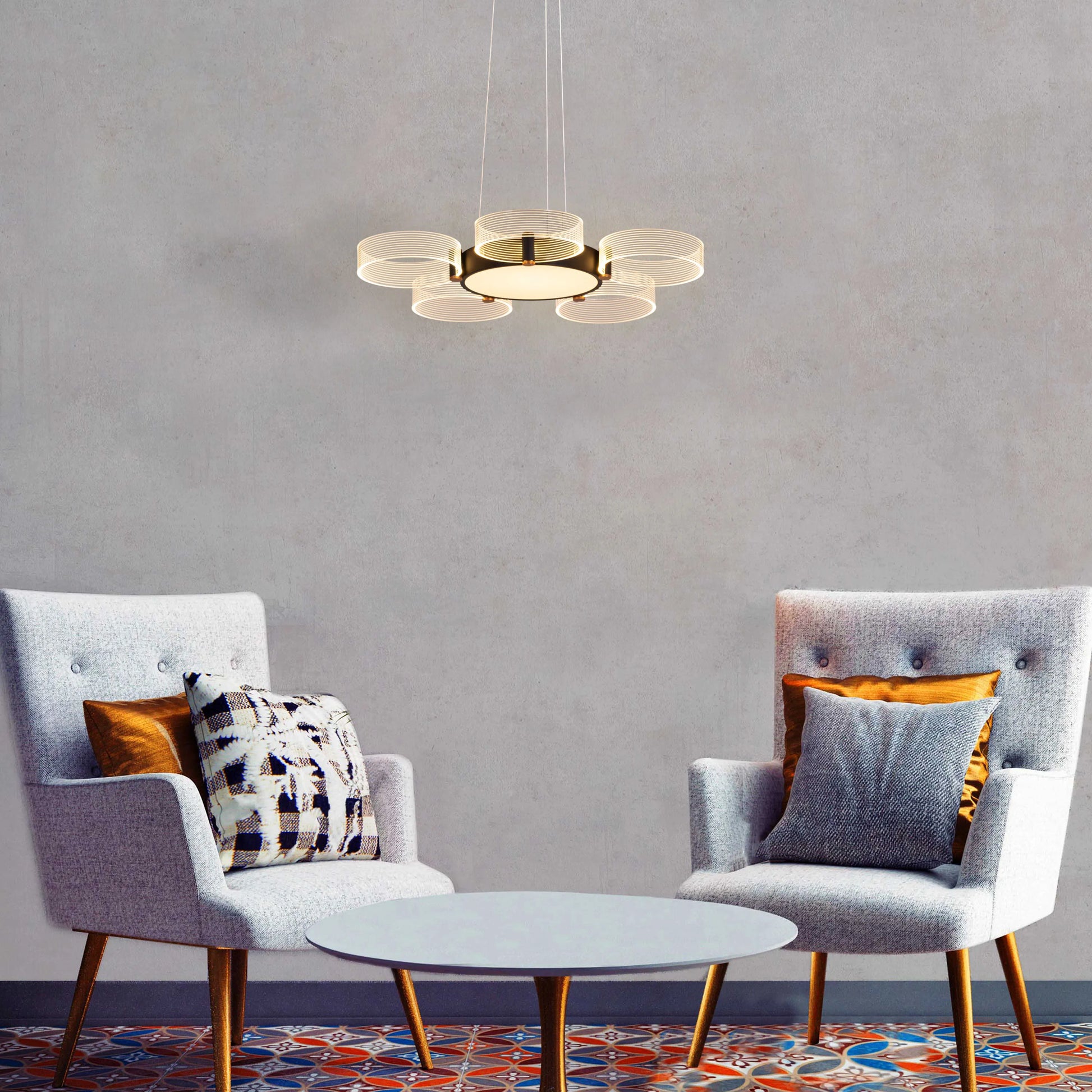 Stylish Meet And Greet Chandelier with five adjustable heads in a modern living room.