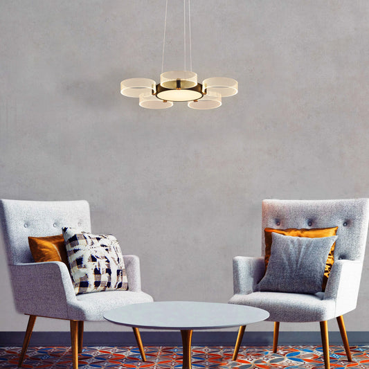 Stylish Meet And Greet Chandelier with five adjustable heads in a modern living room.
