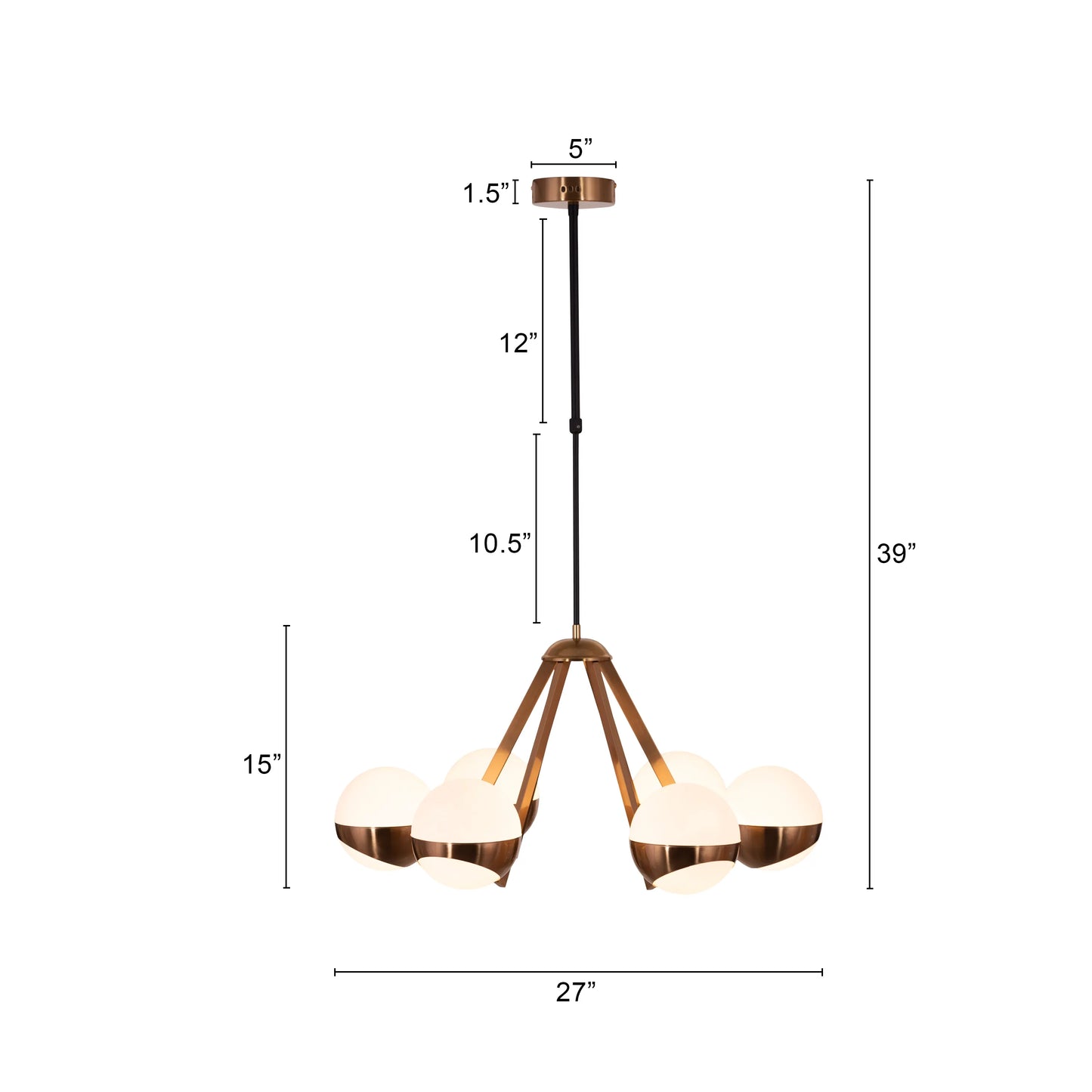 Prime Time Chandelier suspended in an elegant living room, its concentric gold rings casting a warm, inviting glow that draws the eye upward.