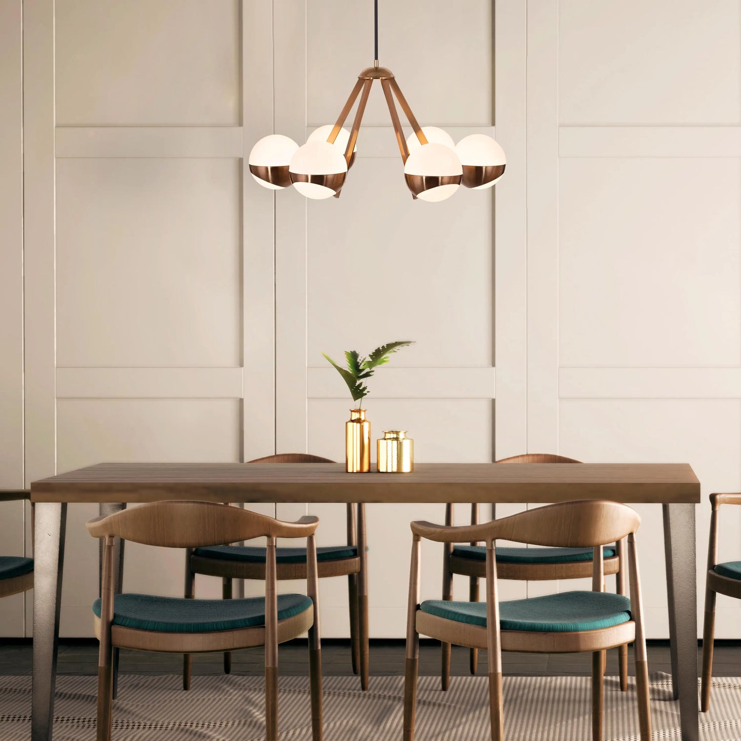 Prime Time Chandelier suspended in an elegant living room, its concentric gold rings casting a warm, inviting glow that draws the eye upward.