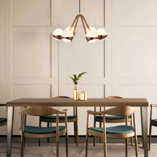 Prime Time Chandelier suspended in an elegant living room, its concentric gold rings casting a warm, inviting glow that draws the eye upward.