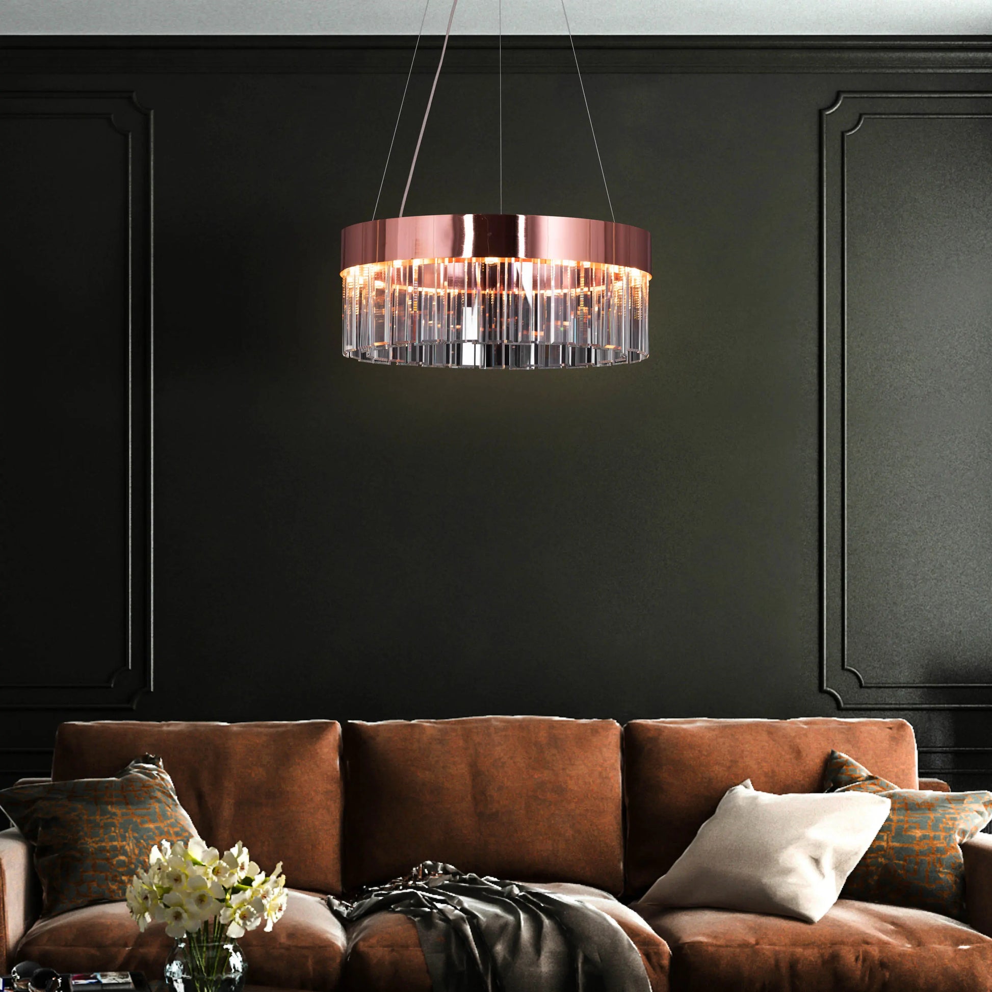 Center Of Attention rose gold crystal chandelier with sparkling crystals.