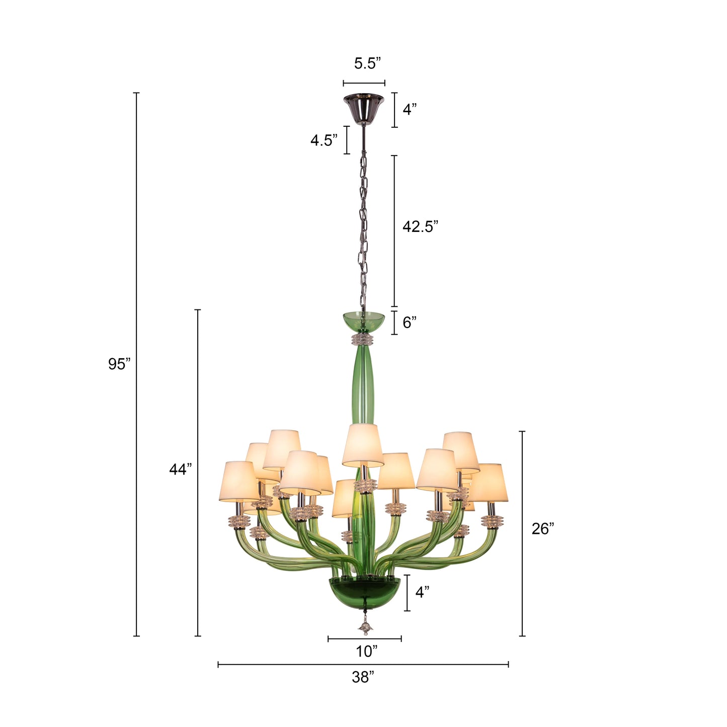 Large green and white glass chandelier with cloud-like forms and warm lighting