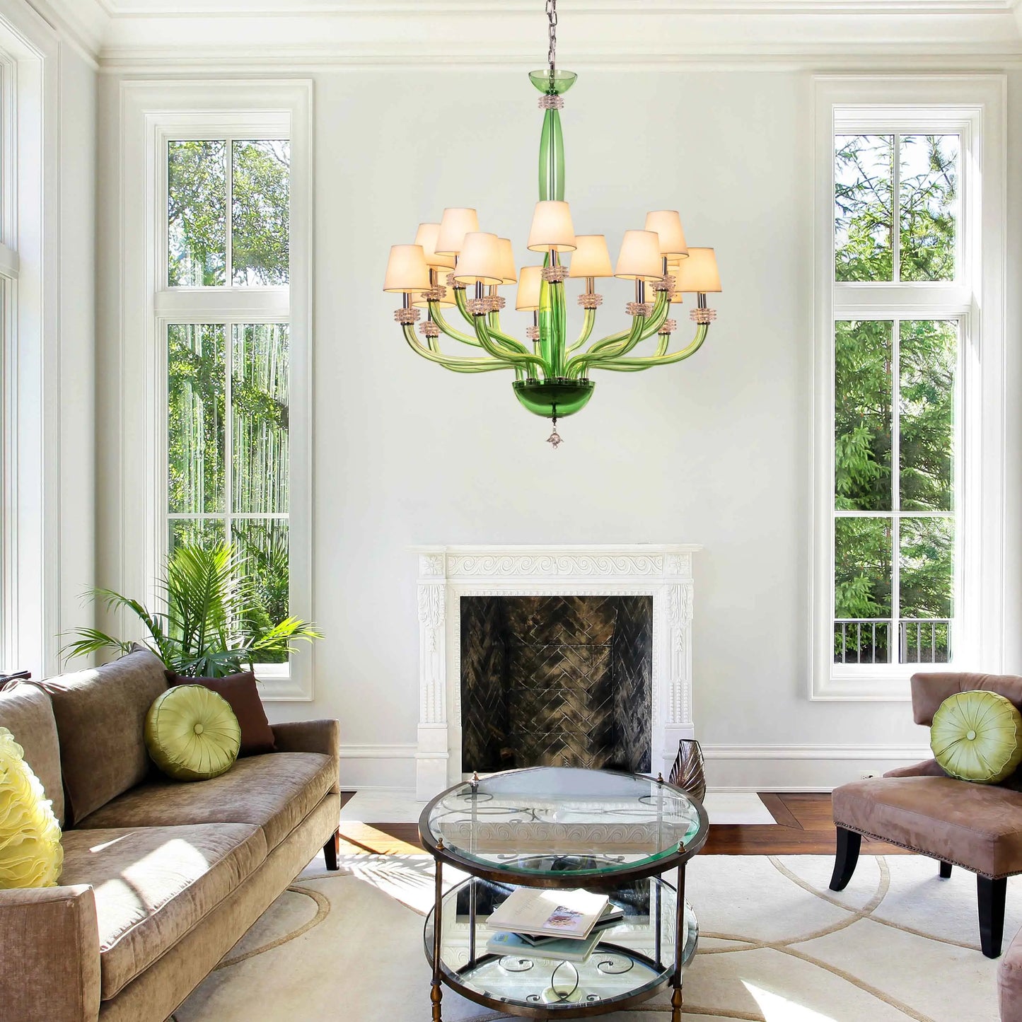 Large green and white glass chandelier with cloud-like forms and warm lighting