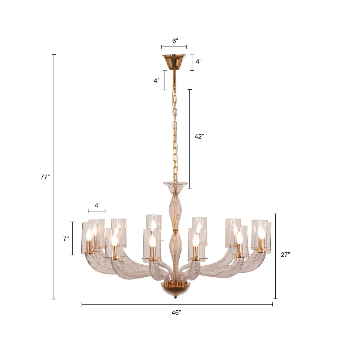 Midnight In Paris large gold glass chandelier illuminating an elegant living room